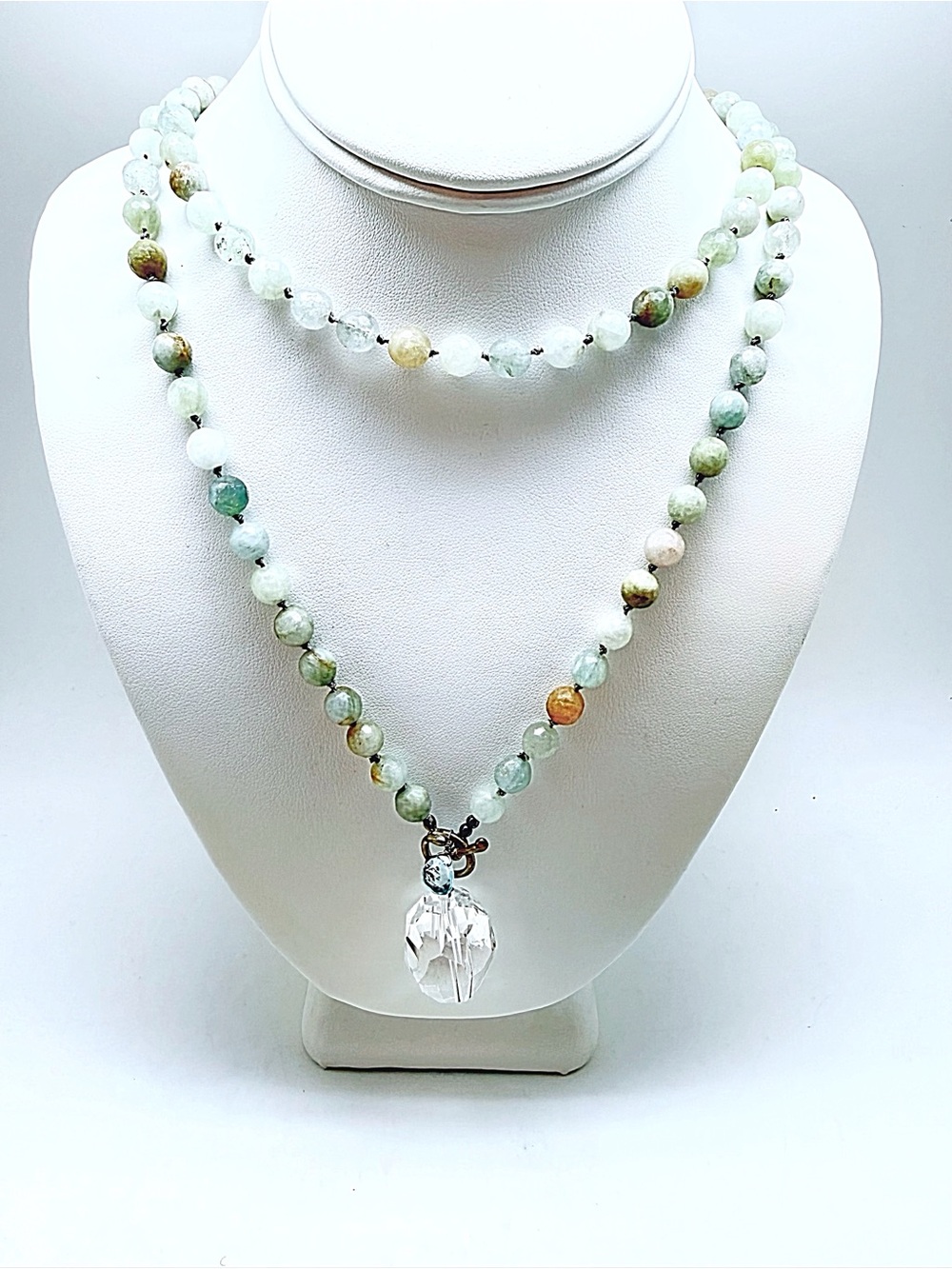 Amazonite  43” Bead Hand Knotted  Necklace, Aqua Briolette and Crystal Pendant
